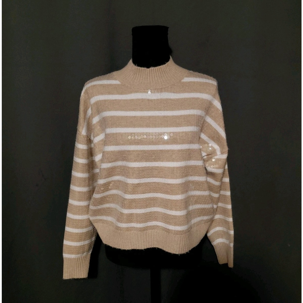 TRUTH Women's Sequin Tan Striped Mock Neck Oversized Sweater Size Small NWT